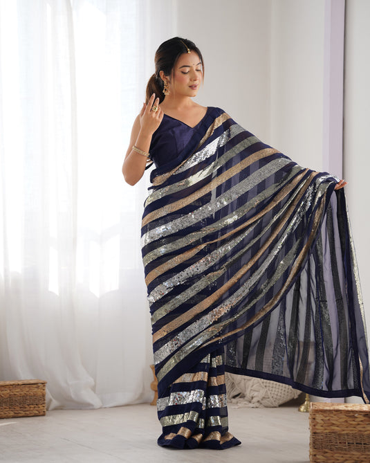 Classic Black Sequins Embroidered Georgette Party Wear Saree For Women