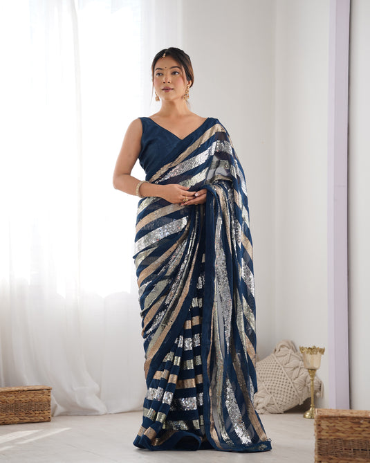 Classic Black Sequins Embroidered Georgette Party Wear Saree For Women